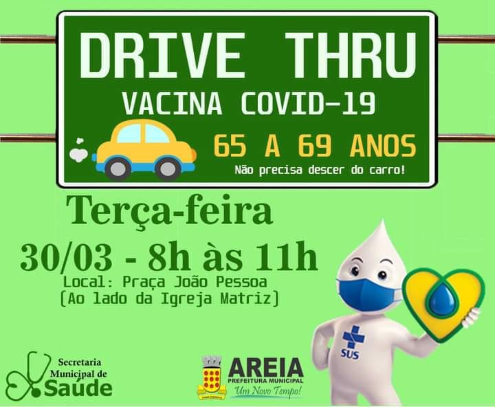 Secretaria de Saúde de Areia realiza Drive Thru para vacinar idosos de 65 a 69 contra a COVID-19