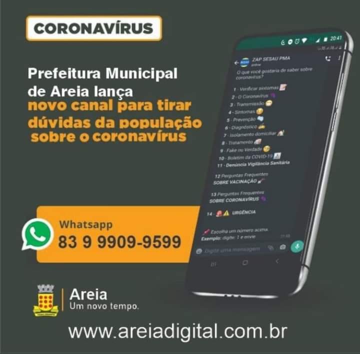 A Prefeitura Municipal de Areia iniciou o envio de mensagens informativas e de orientação sobre a COVID-19!