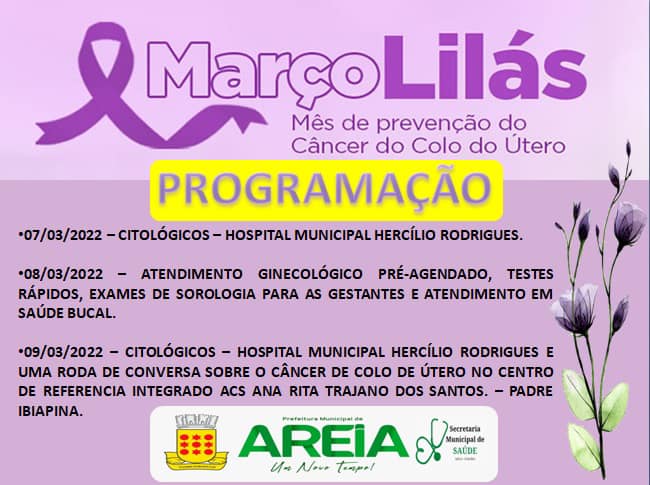 Secretaria de Saúde de Areia promove o Março Lilas-Campanha de prevenção ao câncer do colo do útero  