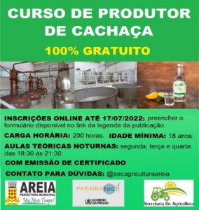 Prefeitura de Areia em parceria com o ParaíbaTEC do Governo do Estado oferece curso profissionalizante de produtor de cachaça 