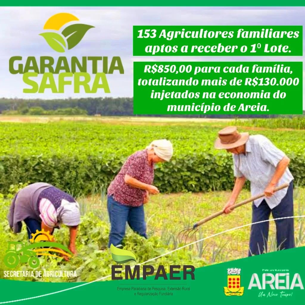 Agricultores Familiares de Areia são beneficiados com o Garantia Safra 2021/2022
