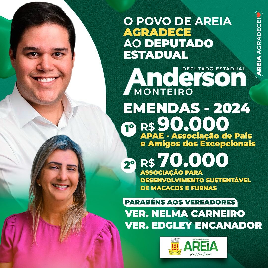Prefeita de Areia agradece ao Dep. Anderson Monteiro pela destinação de emendas para Associações do município