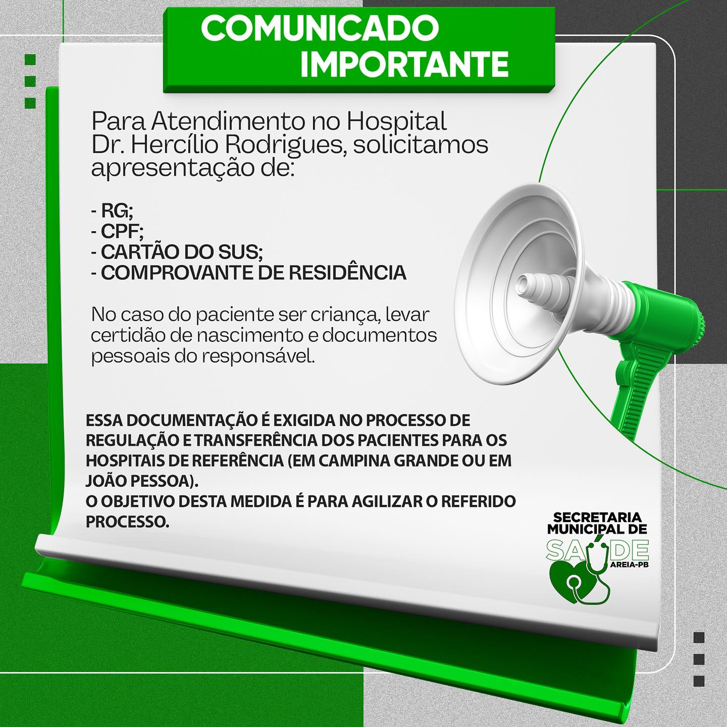 Secretaria de Saúde de Areia informa a população documentação exigida para atendimento no Hospital Municipal