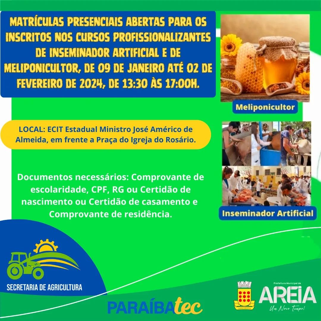 Secretaria de Agricultura de Areia informa o inicio das matriculas dos alunos selecionados para o Paraíbatec 2024