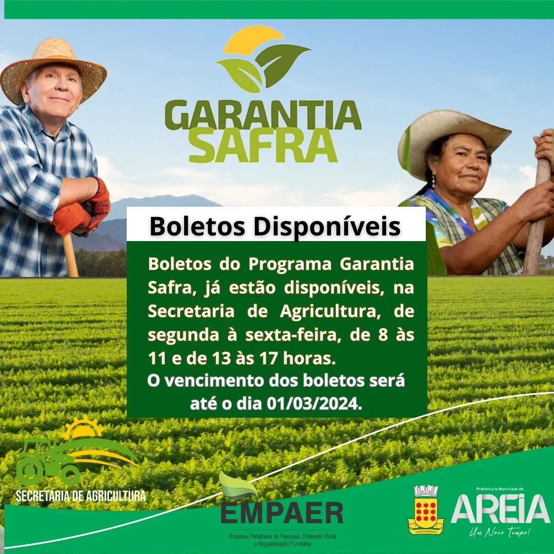 Boletos do Garantia Safra 2023/2024, já encontram-se disponíveis na Secretaria de Agricultura de Areia